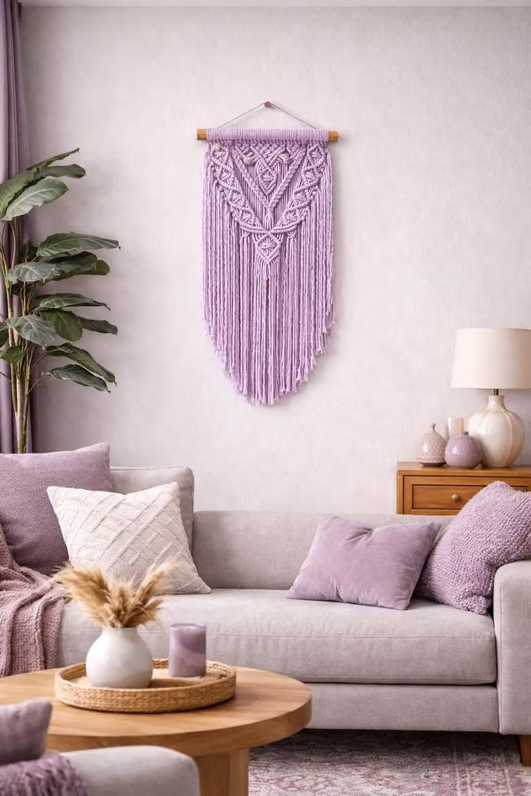 Macramé Wanddecoratie Paars met Houten Stok, Handgemaakte Boho Wandhanger van Katoen voor Woonkamer en Slaapkamer, Pastel Lila
