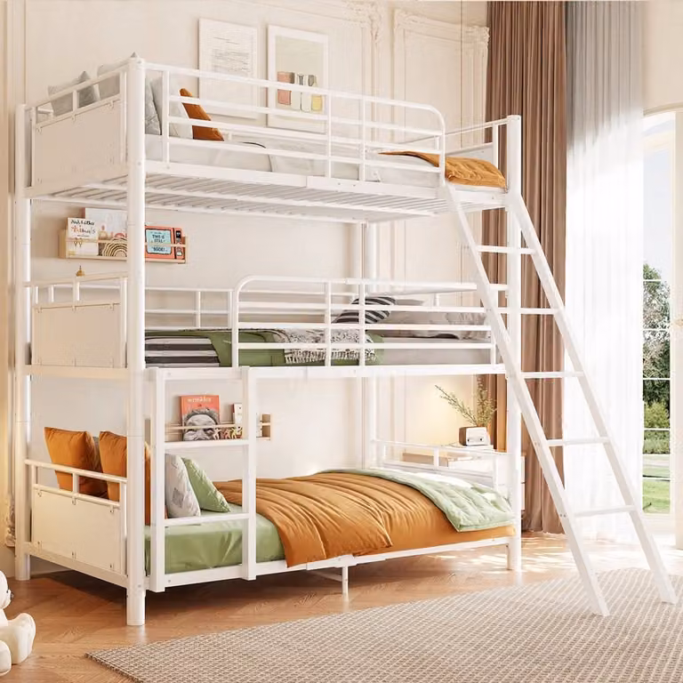 Pugsdrly Drievoudig stapelbed voor kinderen, robuust metalen frame met twee ladders, 90 x 200 cm