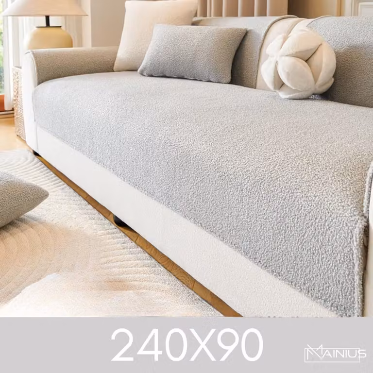 Mainius Teddy Bankhoes voor 4-Zits Sofa - Licht Grijs - Zachte Pluche Zetelovertrek en Beschermhoes - B/D/H: 240 x 90 cm