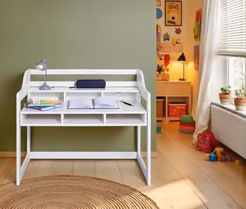 Inter Link Kinderbureau van massief grenen, in hoogte verstelbaar, wit