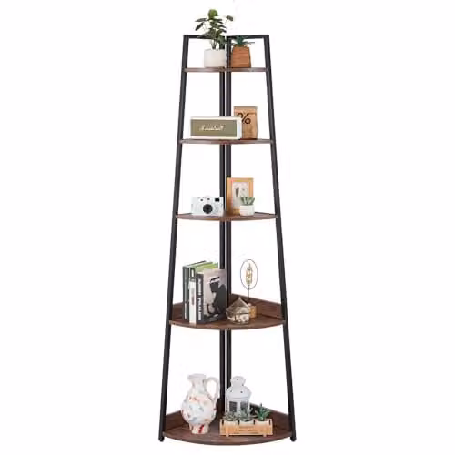 VEVOR Vrijstaand Hoekrek met 5 Niveaus, Industrieel Opbergrek met Metalen Frame en Houten Planken, Bruin/Zwart, B/D/H: 43 x 27 x 178 cm