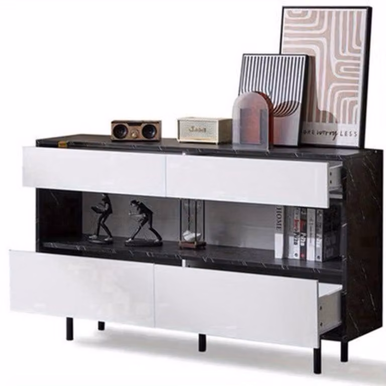 Modern Dressoir met Marmerlook Blad en Metalen Frame in Wit Zwart, B/D/H: 150 x 35 x 89,5 cm