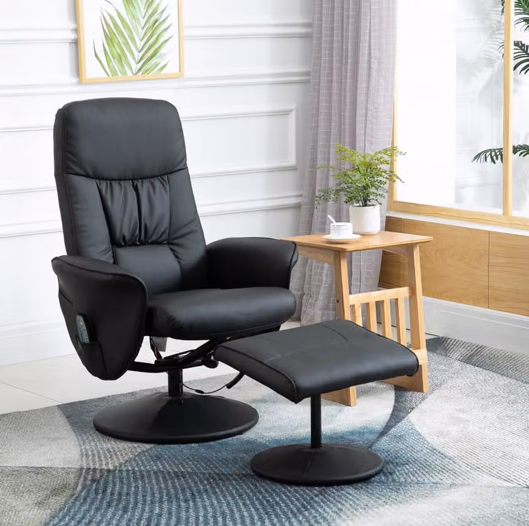 DESMIU Massagestoel met Hocker - 10 Massagepunten en 145 Graden Verstelbaar - Zwart Kunstleer - B/D/H: 76 x 81 x 105 cm