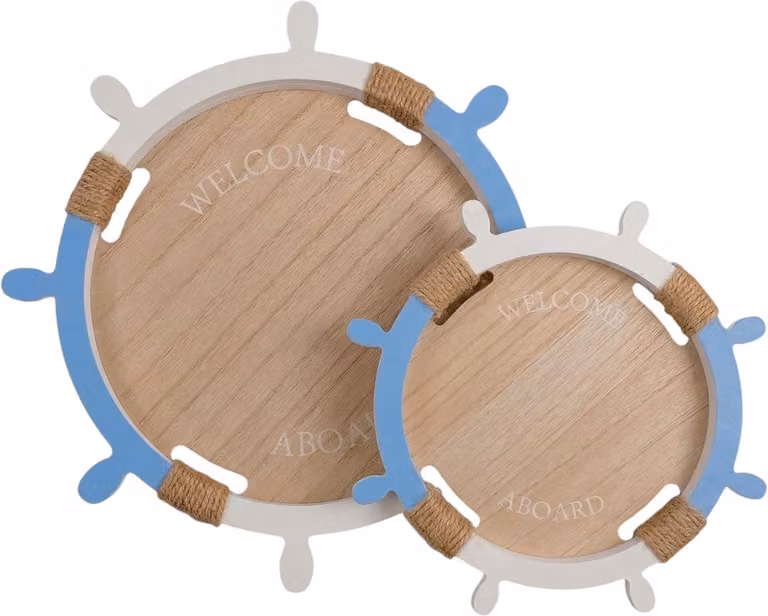 Houten dienblad set met maritiem stuurwiel design in blauw en wit