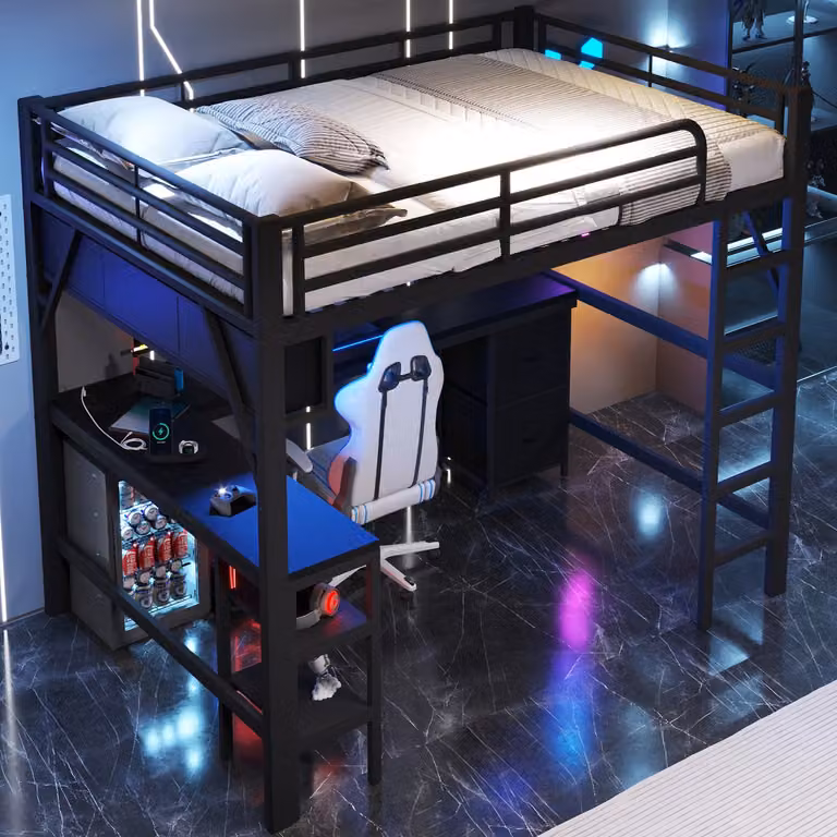 MODENUIT Hoogslaper met bureau, boekenkast, kast en USB-poort, Zwart, B/D/H: 140 x 200 cm