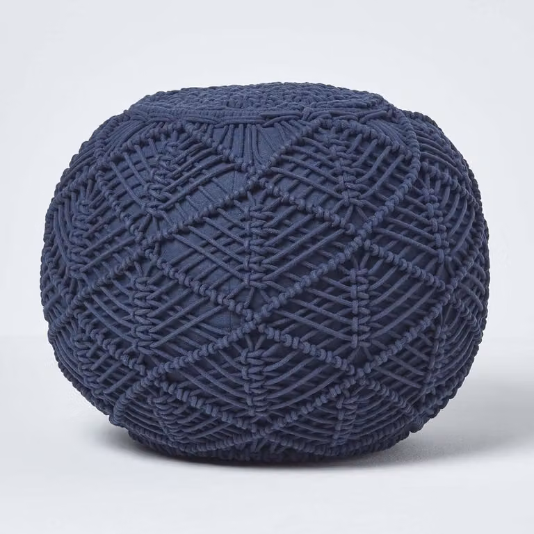 Marineblauwe macramé gebreide poef van 100% katoen, Breedte: 40 cm