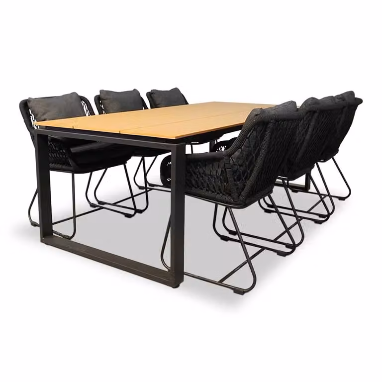 LUX outdoor living Helsinki dining tuinset voor 6 personen in Natural/Portofino zwart met polywood en touw, 210 cm