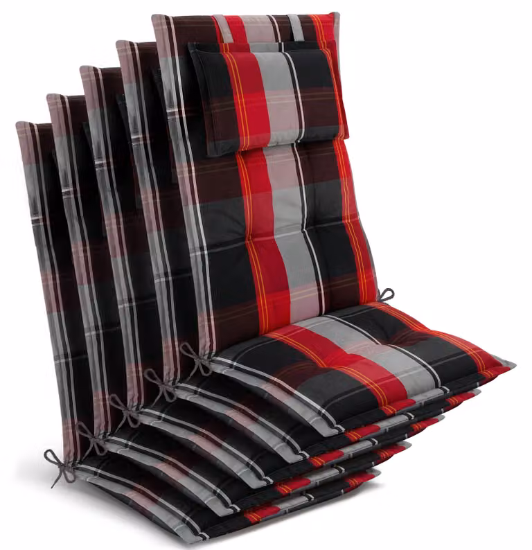 Beautissu 5x Premium rugkussens voor volwassenen, zwart-rood-wit geruit, B/D/H: 120 x 50 x 7 cm