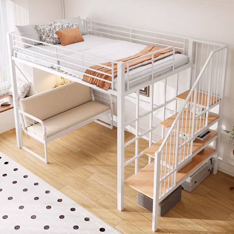 STILVORA Etagebed met afneembare gestoffeerde bank en opbergruimte, hoogslaper met veiligheidstrap, metaal, wit, B/D: 140 x 200 cm