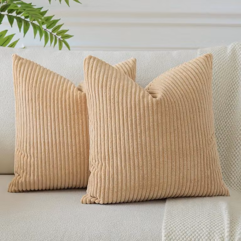 Set van 2 Decoratieve Corduroy Kussenhoezen - Zachte Gestreepte Boho Kussens voor Bank en Slaapkamer - Lichtbruin - 50 x 50 cm