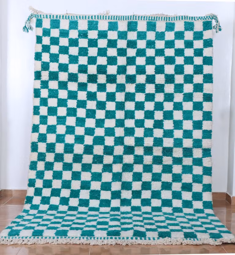Modern geblokt Marokkaans Berber vloerkleed groen-wit - Handgeknoopt hoogpolig wollen tapijt - B: 250 cm, D: 160 cm