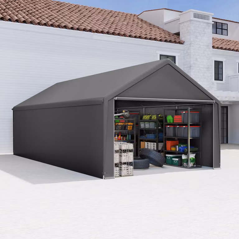LZQ Opslagtent en Carport met UV-bestendig dak en zijwanden, Grijs, 4 x 8 meter