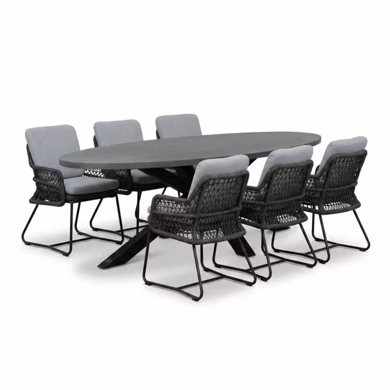 Stockholm/Gianna Stone Grey eettafelset voor 6 personen van polystone en touw, Breedte: 240 cm
