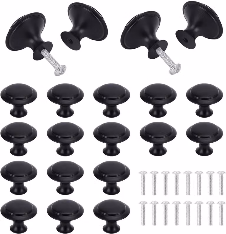 Set van 16 matzwarte ronde ladeknoppen van 30mm met schroeven voor meubels, badkamer, keuken en kasten