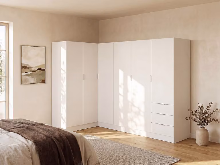 LISTOWEL Moderne Witte Hoekkast met 6 Deuren en Interne Lades B: 224 cm, D: 132 cm, H: 184 cm