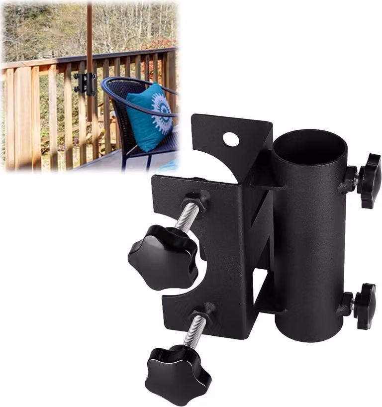 Zwarte robuuste metalen parasolhouder voor balkon, hek of terras