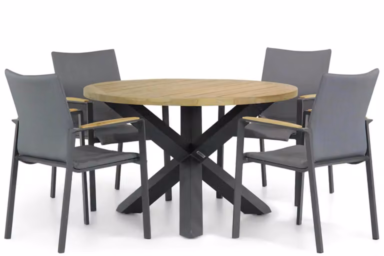 Lifestyle Garden Furniture Brandon/Rockville Moderne Ronde Tuinset van Aluminium en Hout, Antraciet/Bruin, Diameter: 120 cm