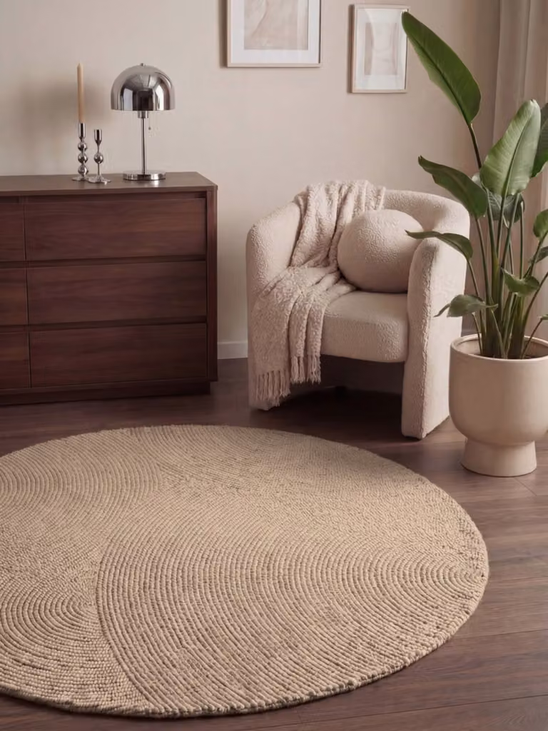 home24 Eleni Wollen vloerkleed rond beige, Ø 150 cm