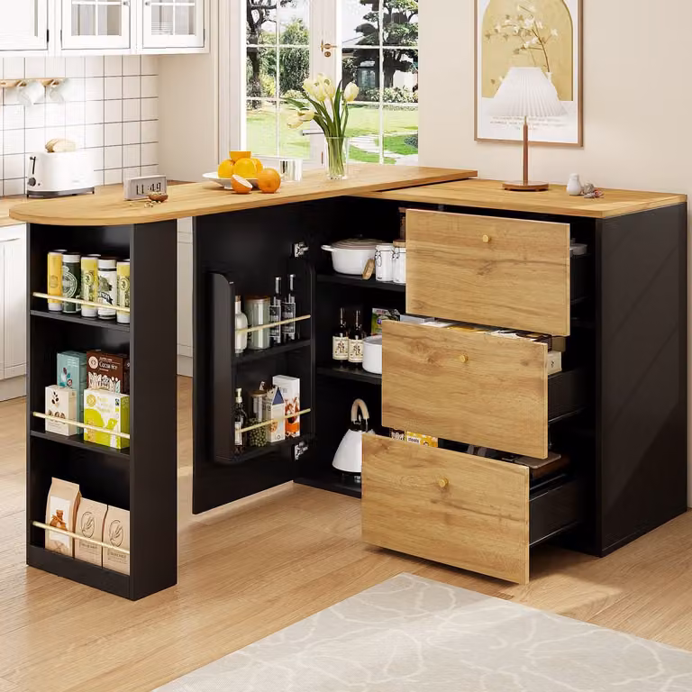 MIVRAY Bartafel met uitschuifbaar en 360 graden draaibaar blad en opbergruimte, Zwart, B: 204 cm, H: 104 cm, D: 76,5 cm