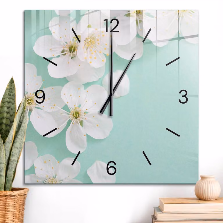 ArtPrintCave Wit Glazen Wandklok met Bloemig Design en Zwarte Wijzers - B/D/H: 60 x 60 x 60 cm