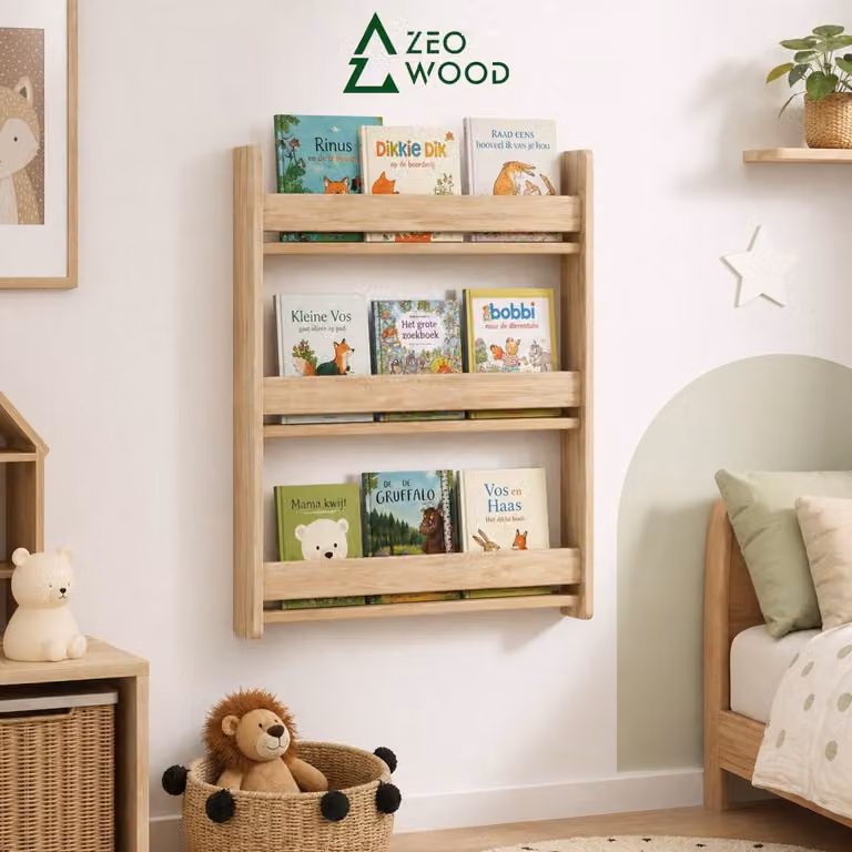 Montessori Boekenrek voor Kinderen met 3 Niveaus in Houtkleur