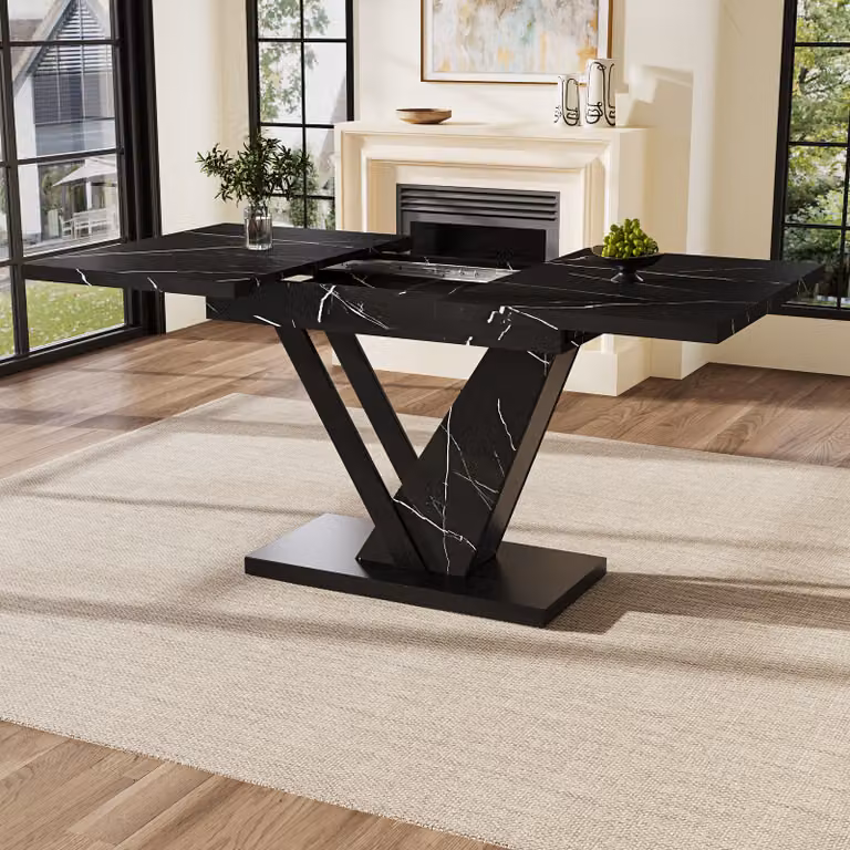MODFU uitschuifbare eettafel met zwart marmeren patroon, B/D: 120-160 x 75 cm