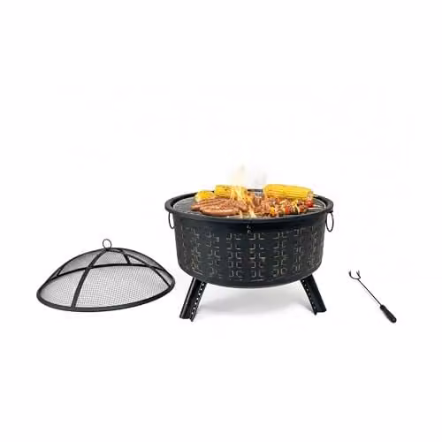 Relaxdays Vuurschaal met warming rack, zwart en brons, H 62 cm x Ø 66 cm