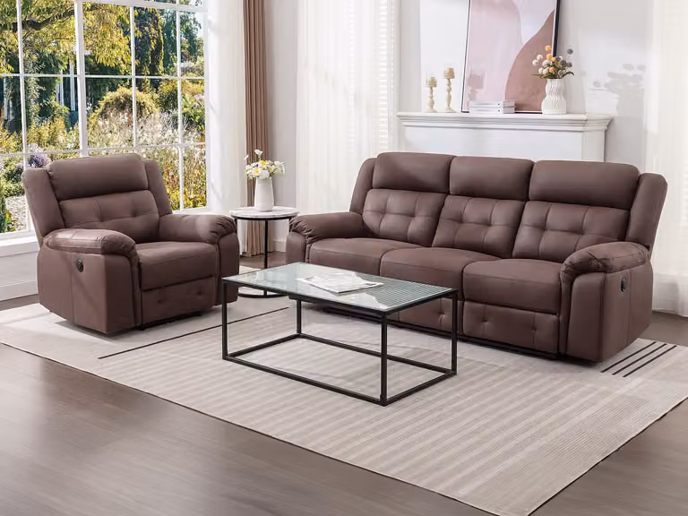 ORTIANO Elektrische driezitsrelaxbank en fauteuil van bruin microvezel met verouderd leereffect