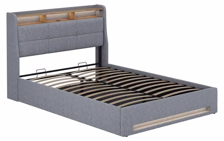 Vitalispa Christin Gestoffeerd bed Grijs/eiken, 140x200 cm met LED-verlichting en USB-aansluiting