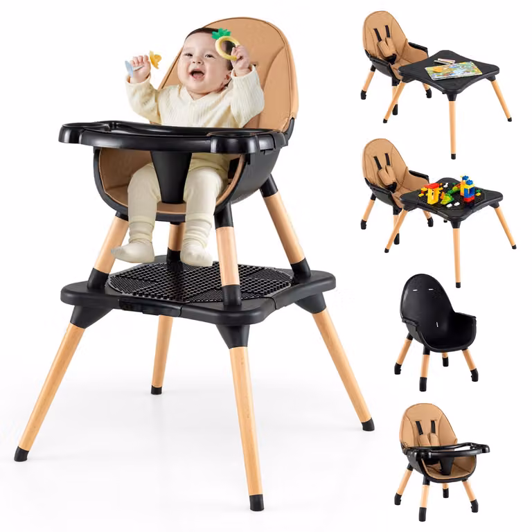 Costway 6 in 1 Baby Hoogstoel met Bouwsteentafel en Afneembaar Dubbelblad, Bruin