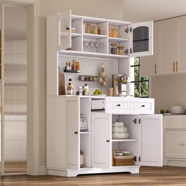 MODFU Keukenwandkast met glazen vitrine en lade, Wit, B: 103,5 cm, D: 40 cm, H: 180 cm