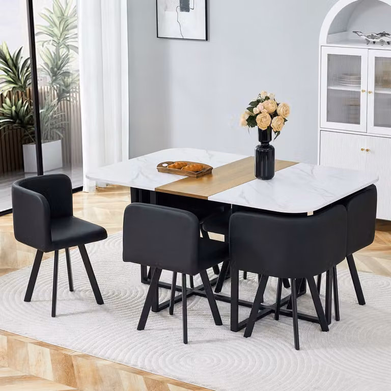 OKWISH Set Tafel en 6 Stoelen - Uitschuifbare Eettafel voor Keuken en Woonkamer - Wit Zwart - B/D/H: 150 x 100 x 79 cm