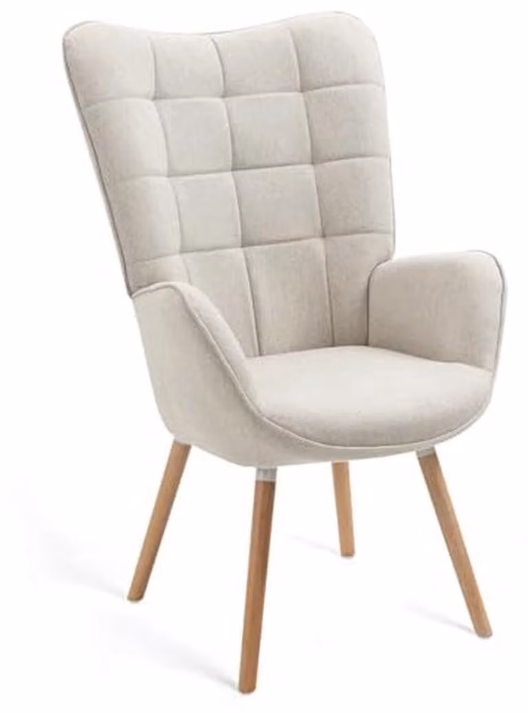 Scandinavische Leunstoel met Stoffen Bekleding en Houten Poten - Beige - H x B x D: 106 x 66 x 53 cm