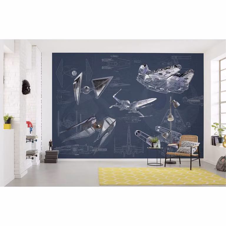 home24 Fotobehang Star Wars Blueprint Dark, Blauw/Grijs, Breedte: 400 cm, Hoogte: 280 cm