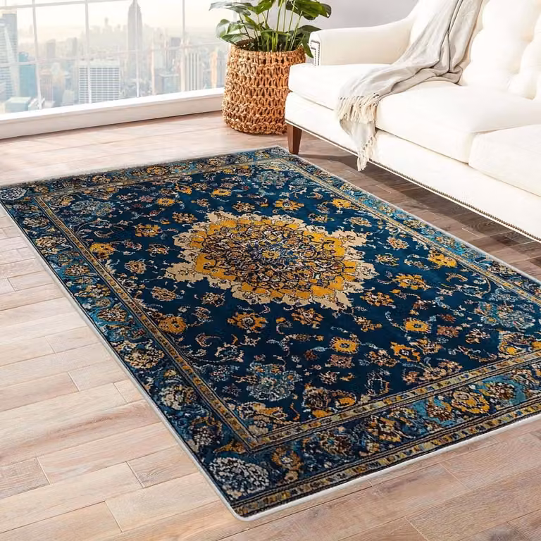 Blauw Vintage Vloerkleed met Bloemenmotief - Boho Woonkamer Tapijt - Rechthoekig