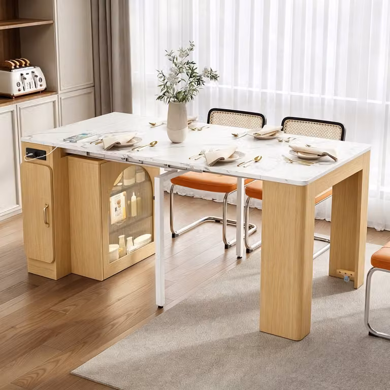 Mobiel keukeneiland met uitschuifbare eettafel en wielen in natuurlijke kleur