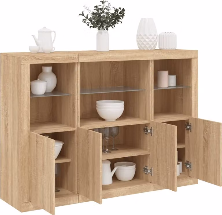 Set van 3 moderne vidaXL dressoirs met geïntegreerde LED-verlichting in Sonoma-eikenfineer