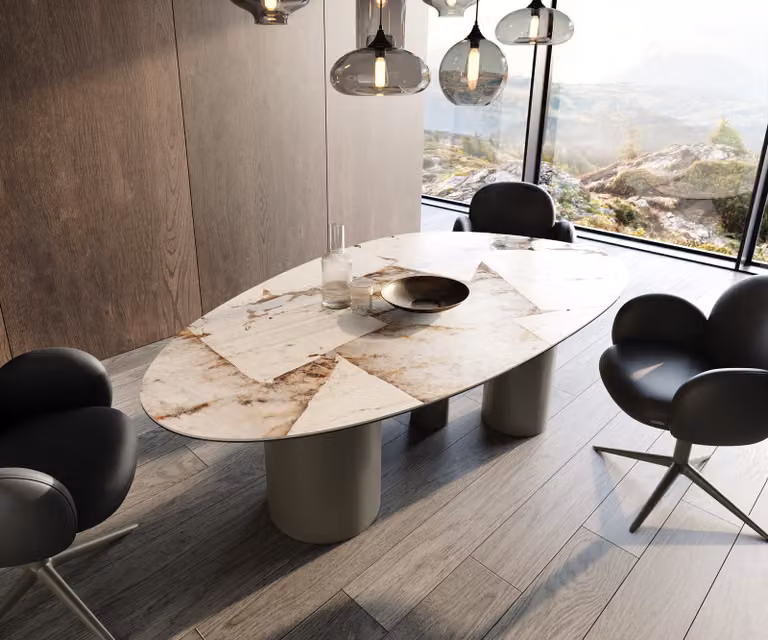 DELIFE Eettafel Edge Oval met keramisch blad en metalen effect onderstel in wit, bruin en goud, B/D/H: 220 x 120 x 76 cm