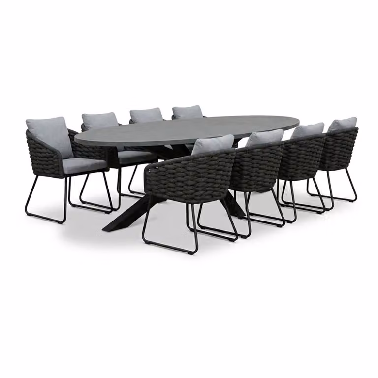 Stockholm/Flora Stone Grey eettafelset voor 8 personen van polystone en touw, Breedte: 280 cm