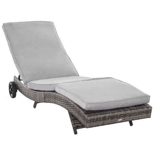 Outsunny Verstelbare Polyrotan Zonnebed met Kussen, Grijs, B/D/H: 207 x 70 x 70 cm