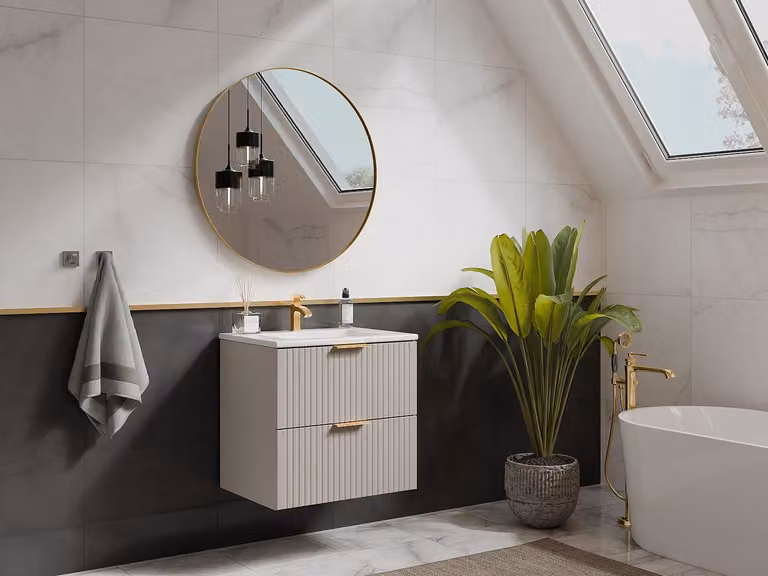 ZEVARA Geribbeld hangmeubel voor badkamer met inbouwwastafel - Beige - Breedte: 60 cm