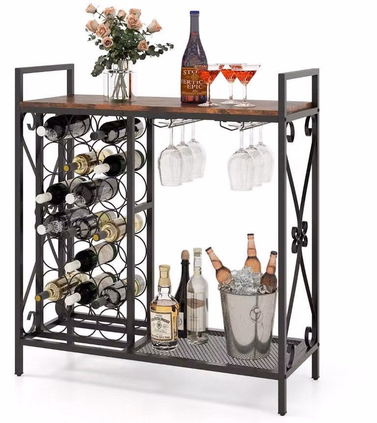 SureDeal Consoletafel Wijnrek met Glashouder en Flessenrek in Koffiebruin - B/D/H: 93 x 38 x 102 cm