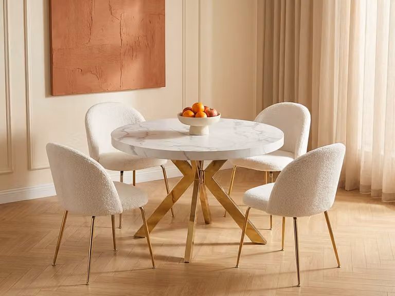 KOMONI Uitschuifbare ronde eettafel voor 4 tot 8 personen met wit en goud marmereffect, MDF en metaal - B/D/H: 120 x 120 x 76 cm