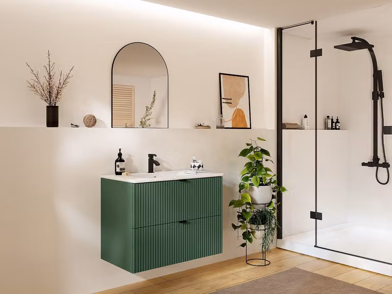 Gestreept hangmeubel voor badkamer met inbouwwastafel ZEVINI - Mat groen - Breedte: 80 cm