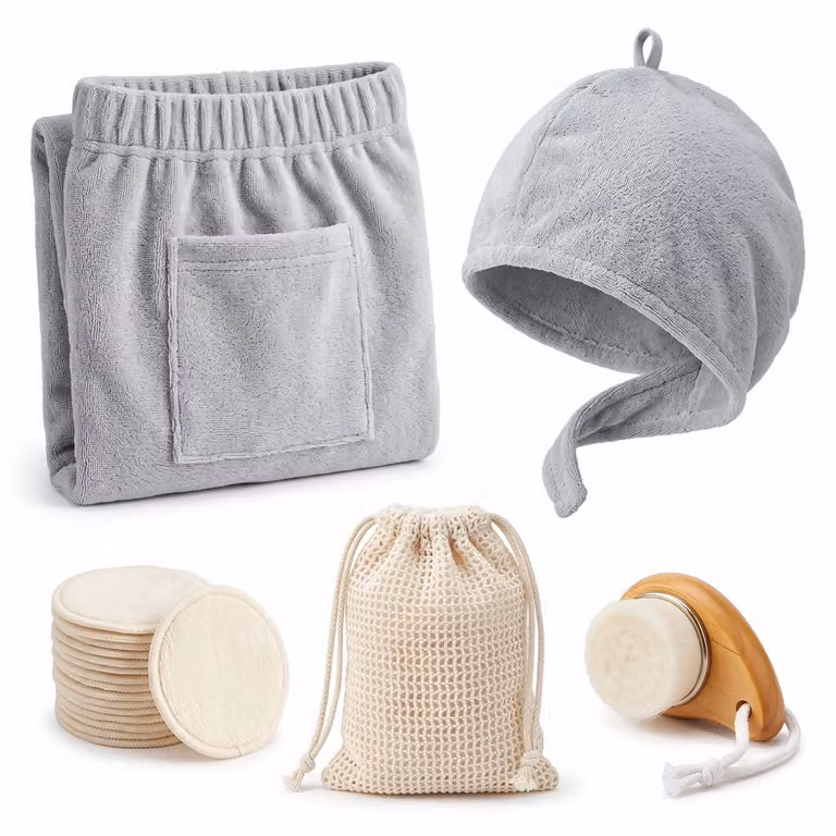 Cheqo Saunakilt Dames Set van 5 met Sauna Handdoek, Haarhanddoek, Gezichtsborstel, Wasbare Make-up Pads en Waszakje