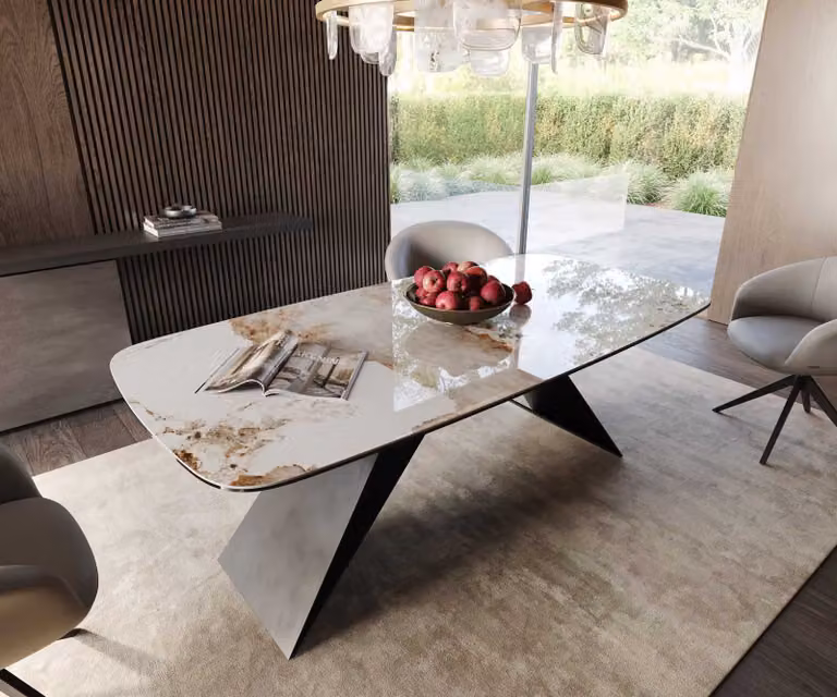 DELIFE Eetkamertafel Edge Boot Minas Melange wit-beige met keramisch blad en zwart X-frame B/D/H: 200 x 100 x 76 cm