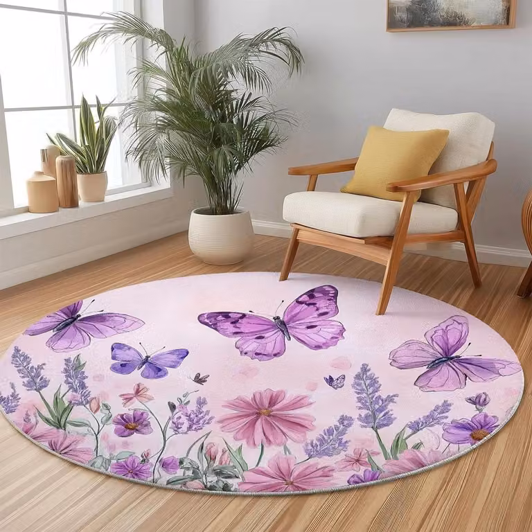 Rond Vloerkleed met Bloemenprint en Boho Design - Kleurrijk Flanel - Diameter: 120 cm