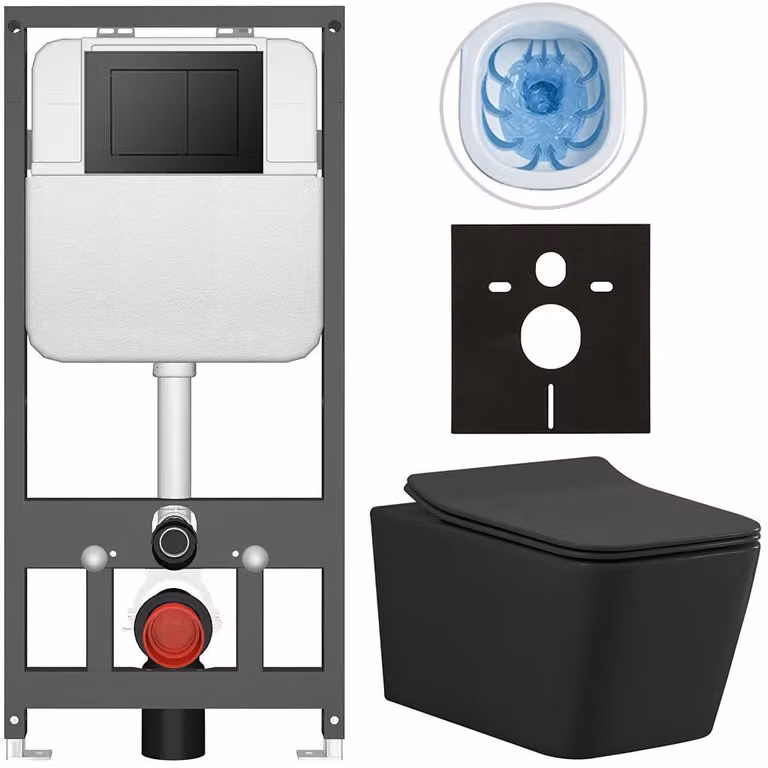 CERANO Toiletset Forte mat zwart met bedieningsknop Prime/Maxio voor wandmontage, 51 x 36 cm