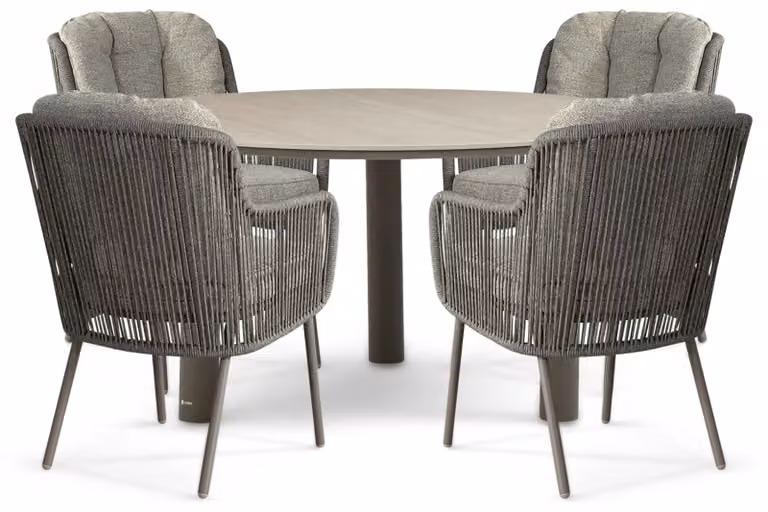 Santika Furniture Cayora/Trino 5-delige moderne ronde eettafelset voor tuin en terras in zand en grijs, Breedte: 140 cm