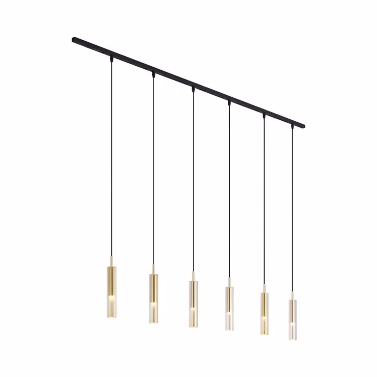 Qazqa Modern railsysteem zwart met 6 dimbare hanglampen goud/messing en amber glas